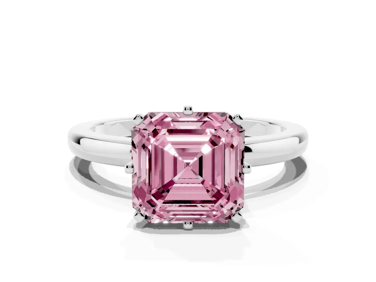 Fancy Pink Asscher Cut Solitaire Diamond Ring with Six-Prong Setting on a Classic Band Silver