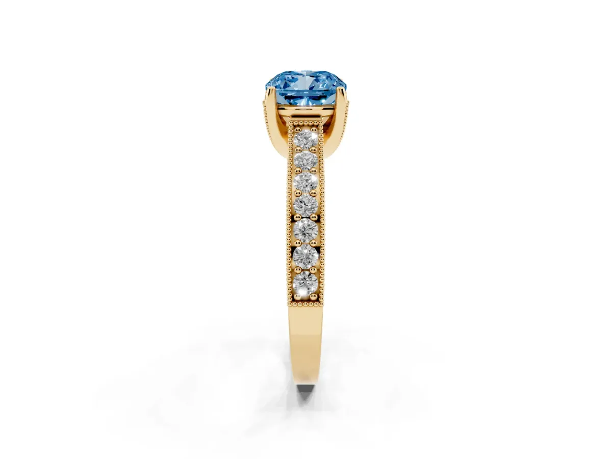 Fancy Blue Cushion Cut Cut Diamond Solitaire Ring with Milgrain Pave Band and Four Prong Setting Yellow gold