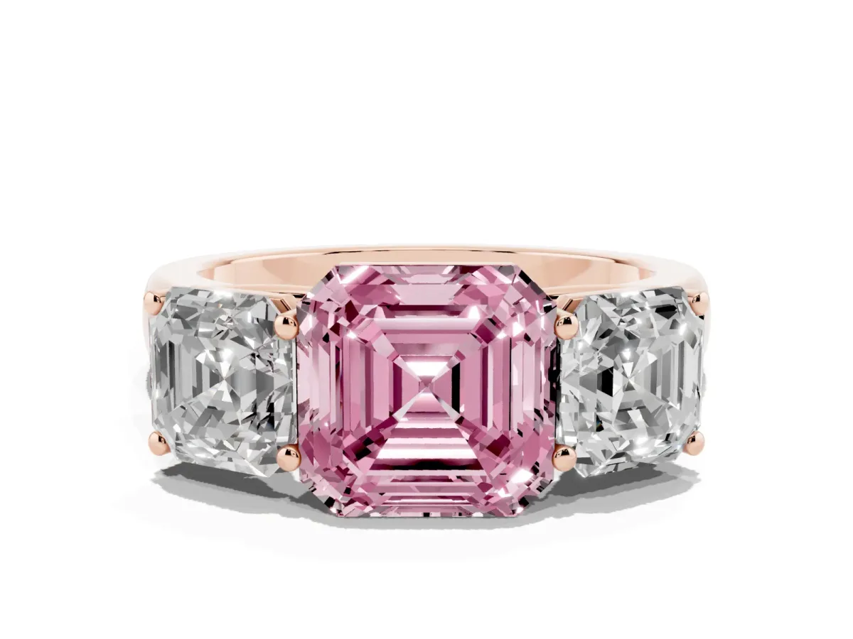 Fancy Pink Asscher Cut Three-Stone Diamond Ring with Prong Setting on a Classic Band Rose gold