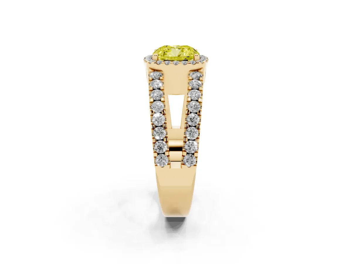 Fancy Yellow Cushion Cut Cut Halo Split Shank Diamond Ring with Four-Prong Setting Yellow gold