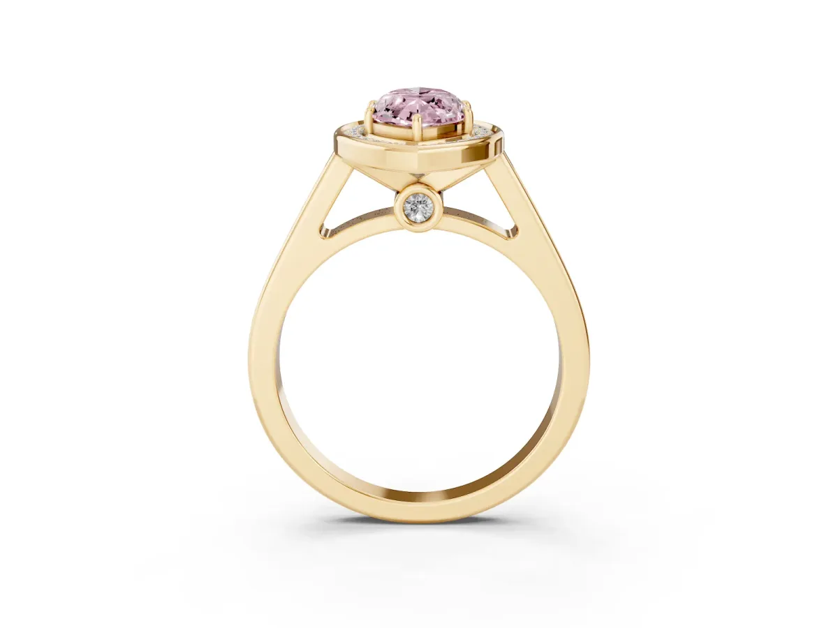 Fancy Pink Marquise Cut Halo Solitaire Diamond Ring with Pave Band and Bezel Setting Yellow gold