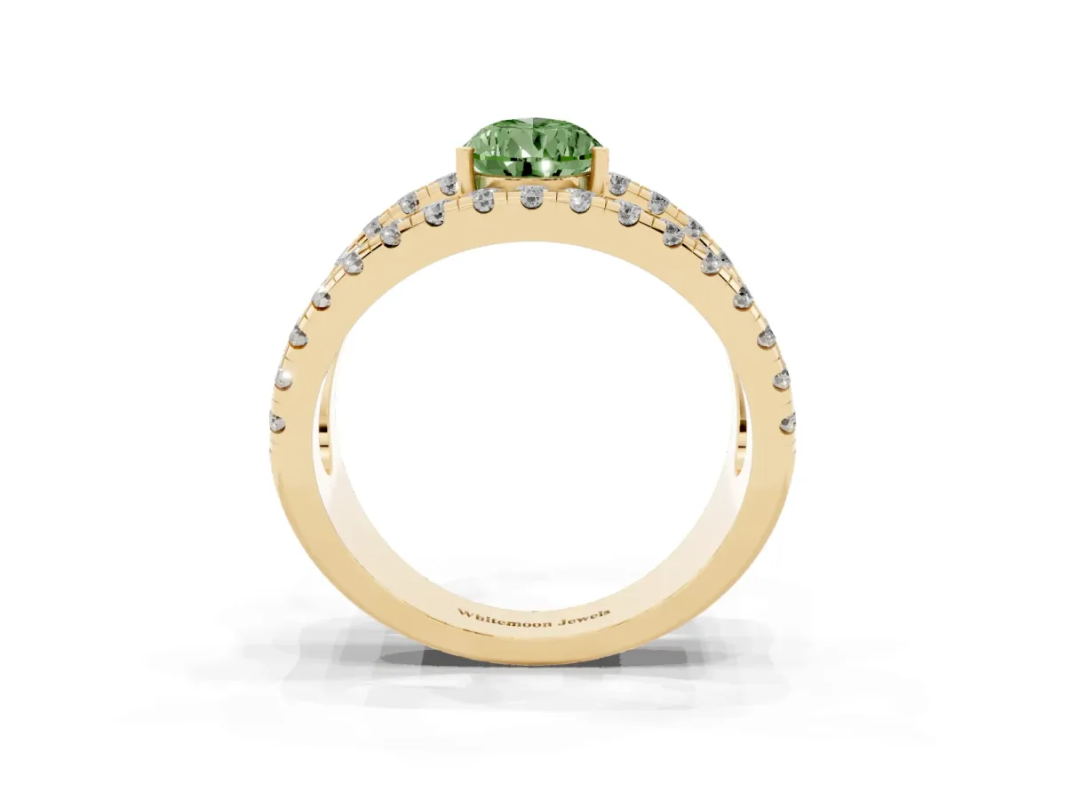 Fancy Green Pear Cut Solitaire Split Shank Pave Diamond Ring Yellow gold