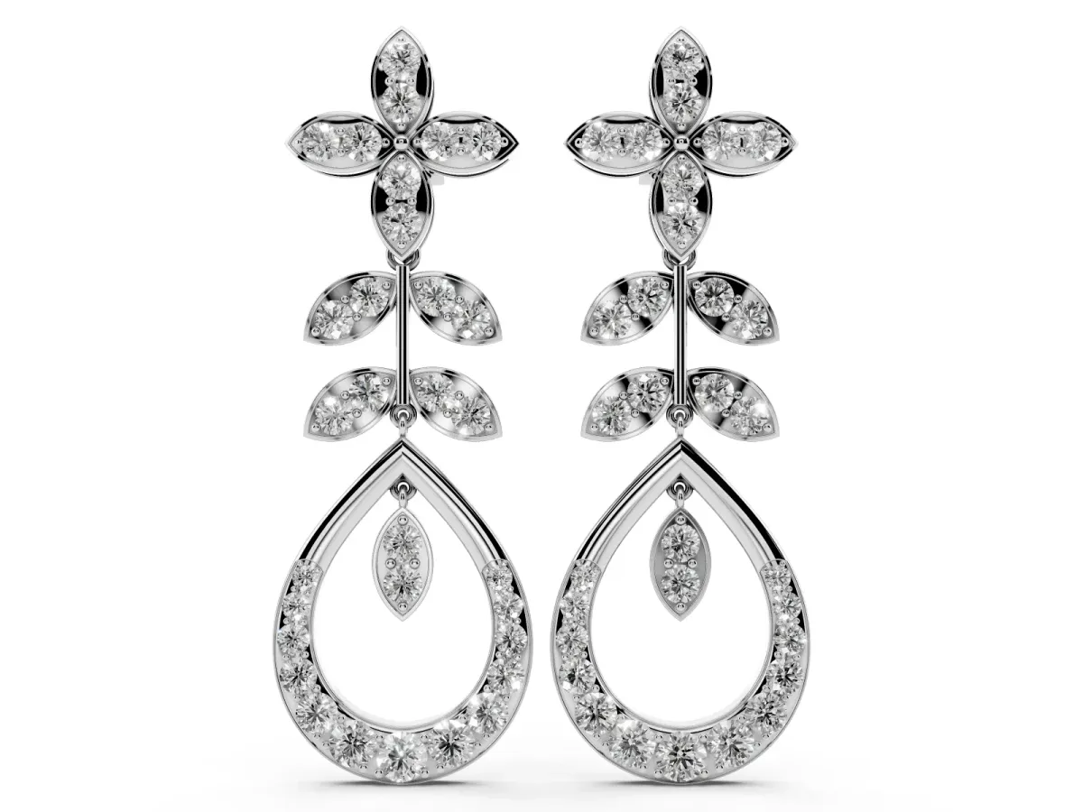 Marquise and Round Diamond Sparkling Dewdrop Drop Earrings White gold