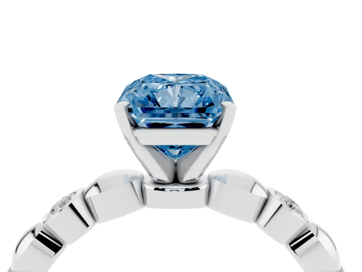 Fancy Blue Radiant Cut Solitaire Bezel-Set Diamond Ring with Beaded Band and Four-Prong Setting Silver