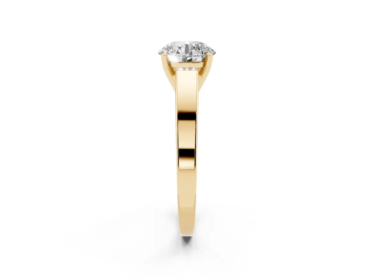 Round Cut Solitaire Engagement Ring with Four-Prong Setting and Tapered Band Yellow gold