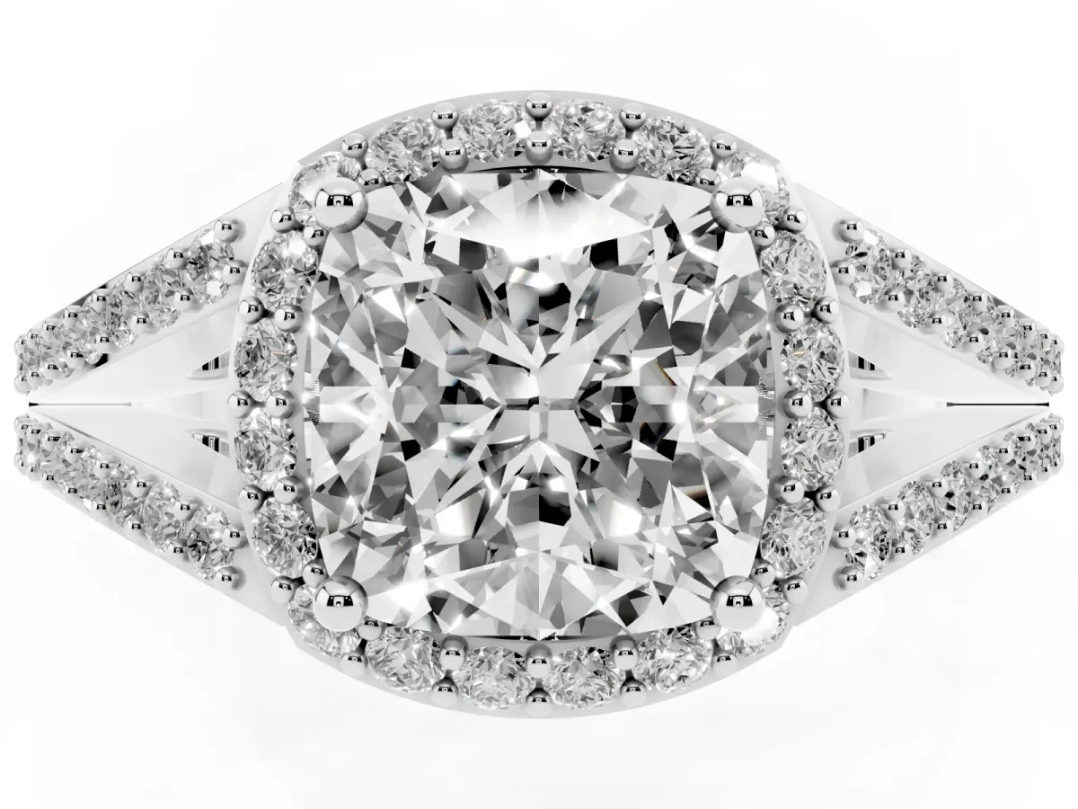 Cushion Cut Halo Split Shank Pave Diamond Ring with Four-Prong Setting Silver