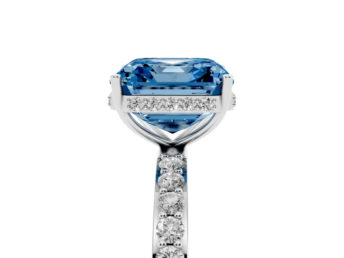 Fancy Blue Asscher Cut Diamond Solitaire Ring with Pavé Band and Hidden Halo White gold