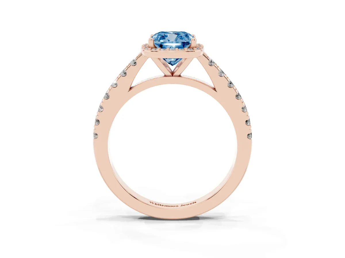 Fancy Blue Cushion Cut Cut Halo Diamond Engagement Ring with Pave Band and Four-Prong Setting Rose gold