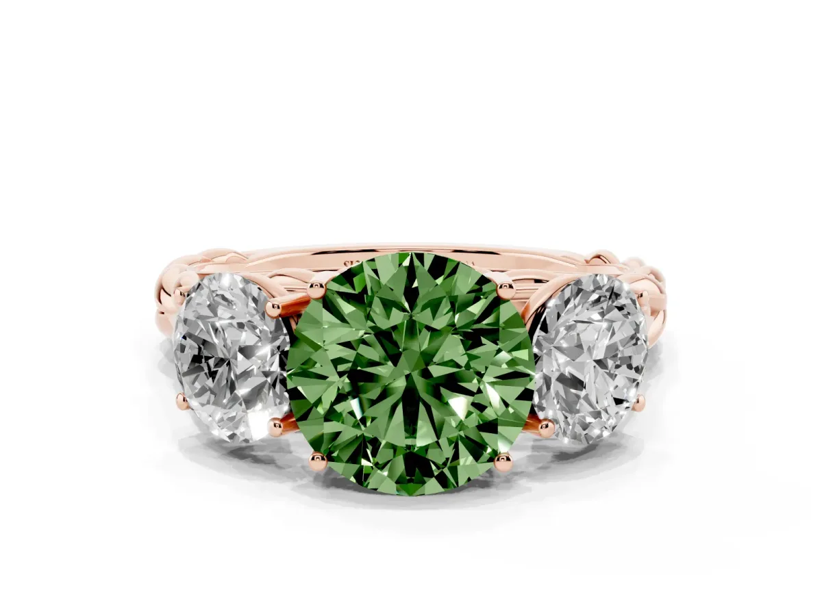Fancy Green Three-Stone Round Cut Diamond Braided Band Ring with Four-Prong Setting Rose gold