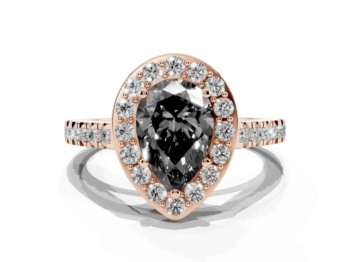 Fancy Black Pear Cut Diamond Halo Ring with Round Pavé Split Shank and Prong Setting Rose gold