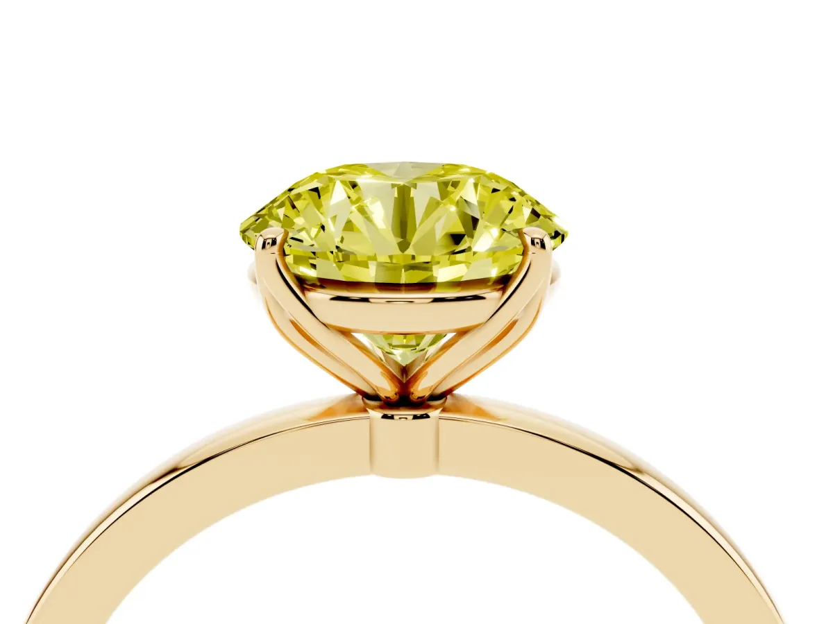 Fancy Yellow Round Cut Diamond Solitaire Ring with Thin Band and Prong Setting Yellow gold