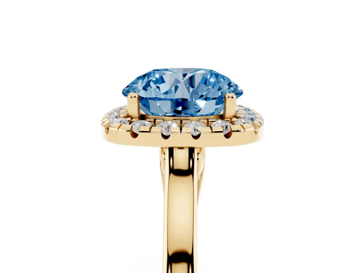 Fancy Blue Round Cut Halo Round Diamond Solitaire Ring with Pavé Band and Four-Prong Setting Yellow gold