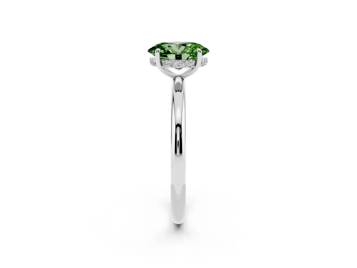Fancy Green Oval Cut Diamond Solitaire Ring with Thin Band and Four-Prong Setting Silver