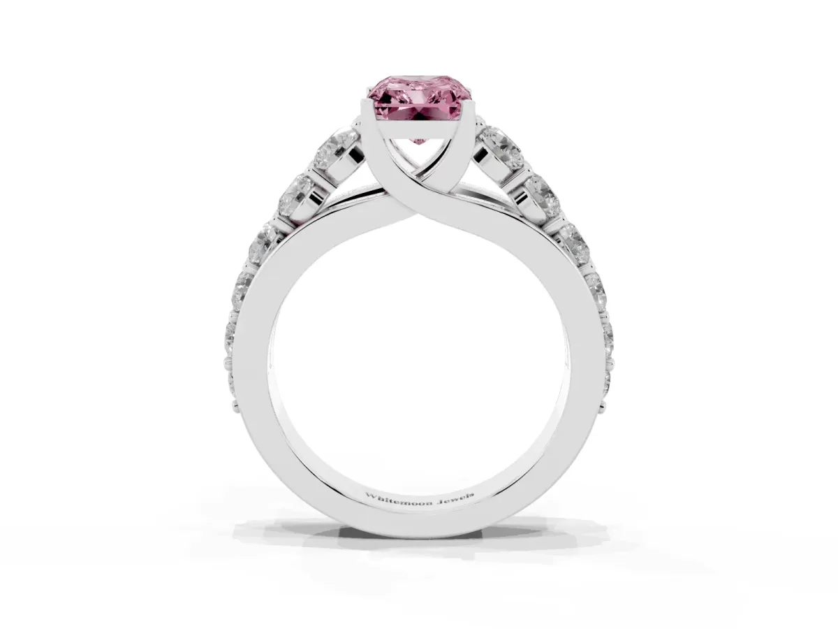 Fancy Pink Radiant Cut Diamond Engagement Ring with Pavé Band and Four-Prong Setting Platinum