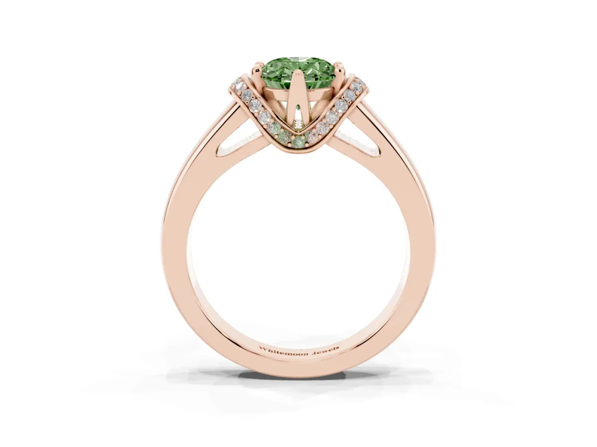 Fancy Green Oval Cut Solitaire Diamond Ring with Pave Band and Six-Prong Setting Rose gold