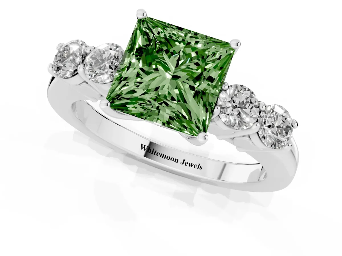 Fancy Green Princess Cut Cut Diamond Five-Stone Prong Set White Gold Ring Silver