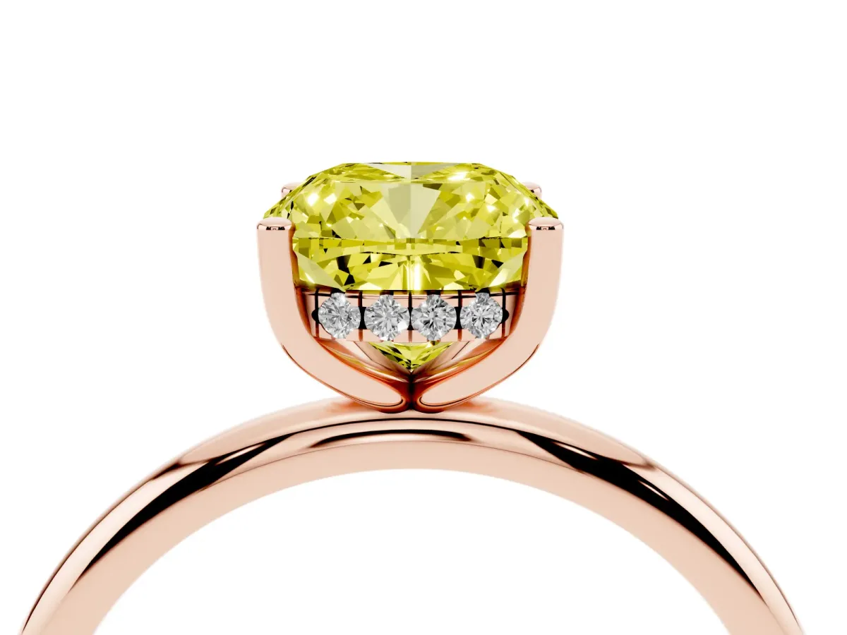 Fancy Yellow Cushion Cut Cut Solitaire Engagement Ring with Four-Prong Setting and Classic Band Rose gold