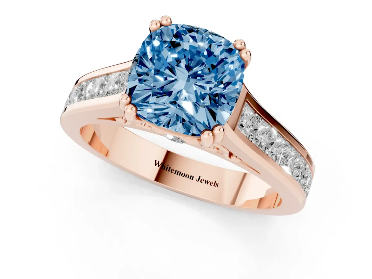 Fancy Blue Cushion Cut Cut Channel Set Solitaire Engagement Ring with Prong Setting Rose gold