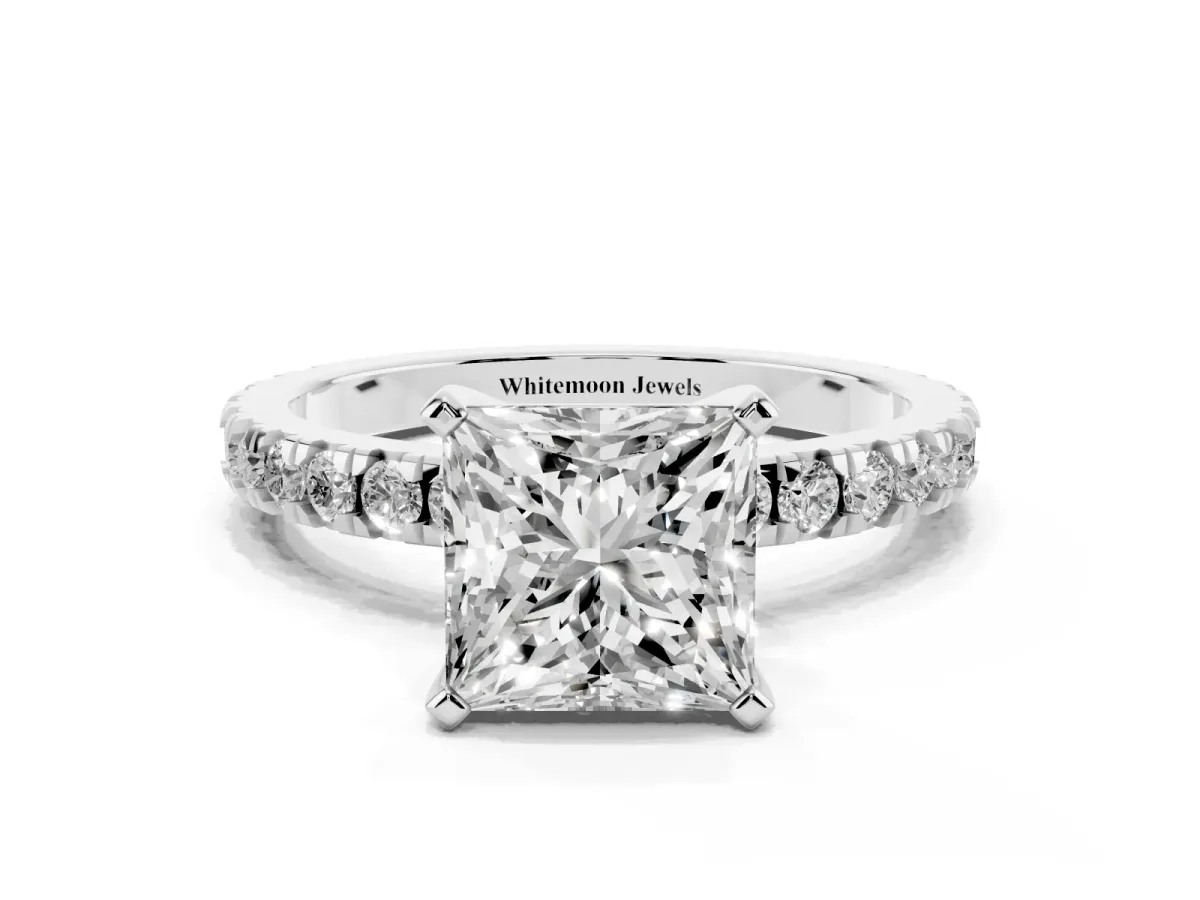 Princess Cut Diamond Pavé Band Solitaire with Four-Prong Setting Silver