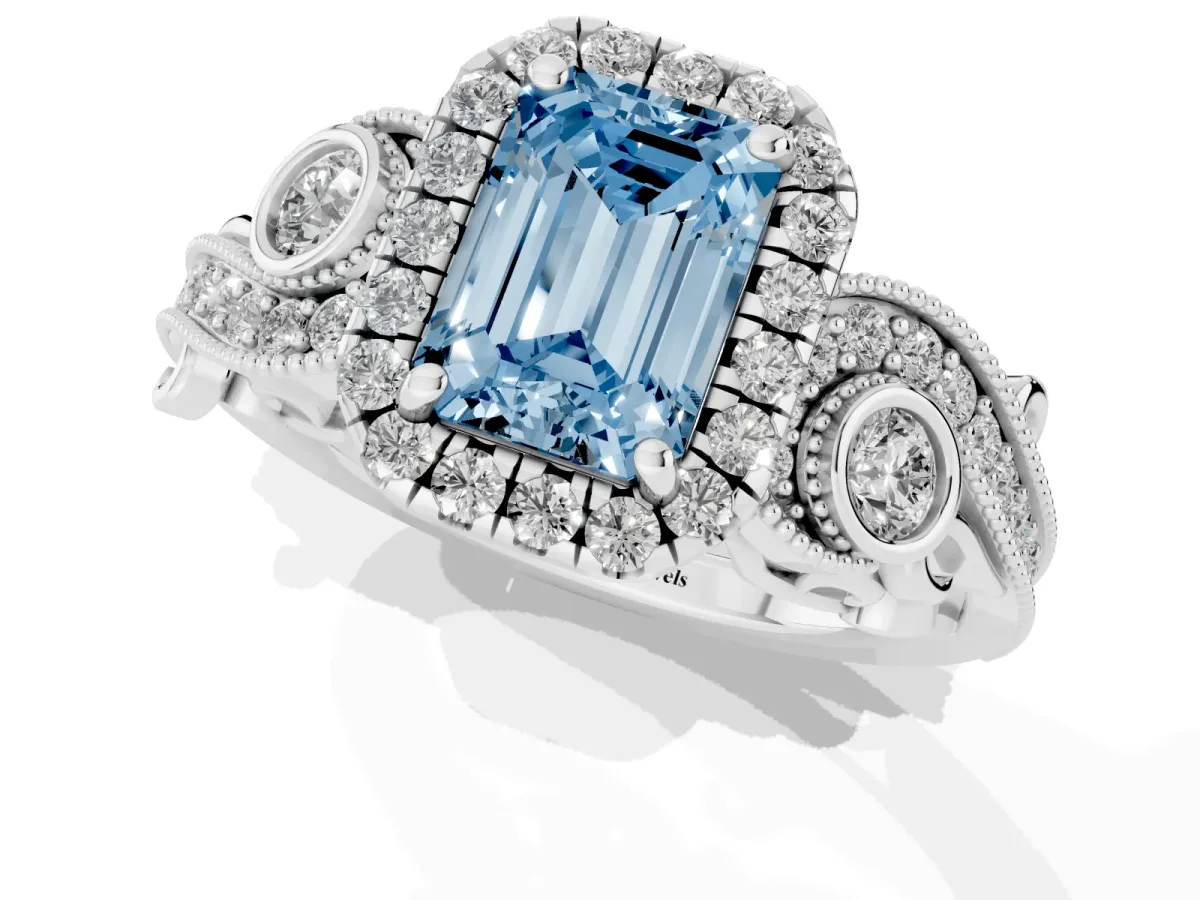 Fancy Blue Emerald Cut Diamond Halo Ring with Milgrain Pavé Band and Four-Prong Setting White gold