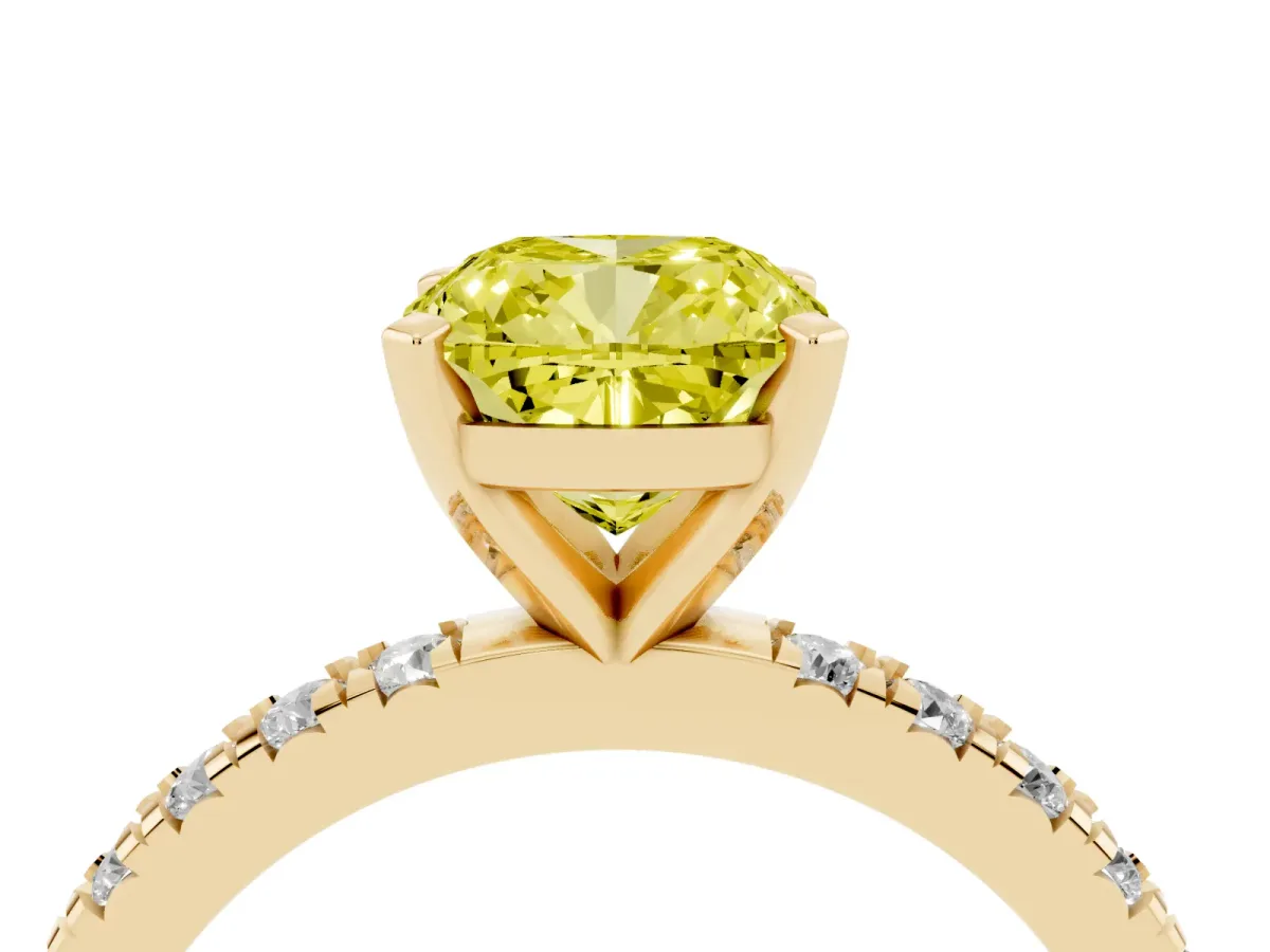 Fancy Yellow Cushion Cut Diamond Pavé Band Solitaire with Four-Prong Setting Yellow gold
