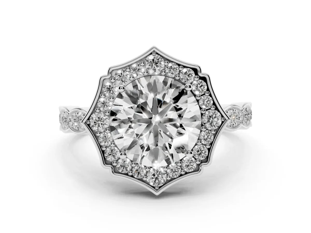 Round Cut Halo Diamond Engagement Ring with Milgrain Band and Four-Prong Setting White gold