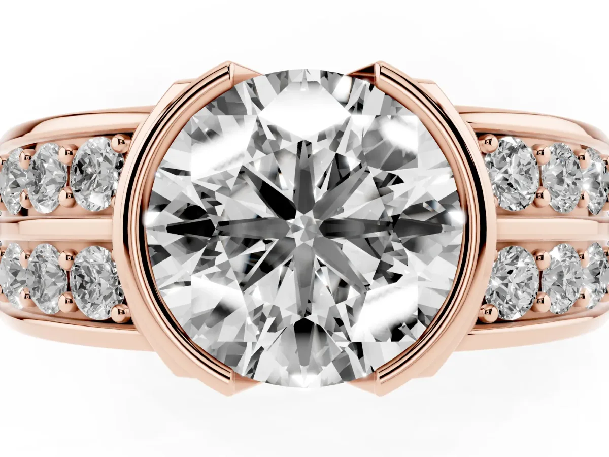 Round Cut Brilliant Diamond Channel Set Wide Band Ring with Bezel Setting Rose gold