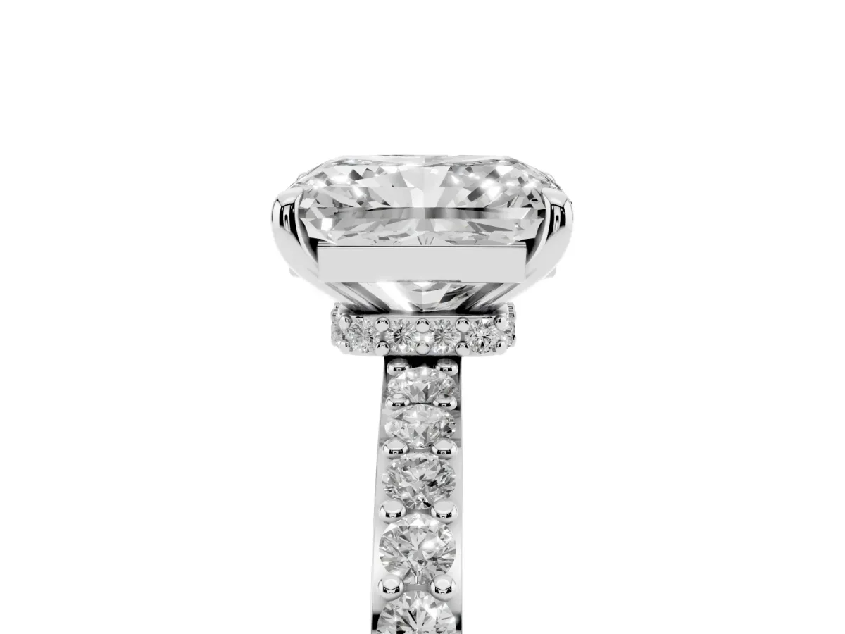 Radiant Cut Diamond Pavé Engagement Ring with Round Accents and Prong Setting Silver