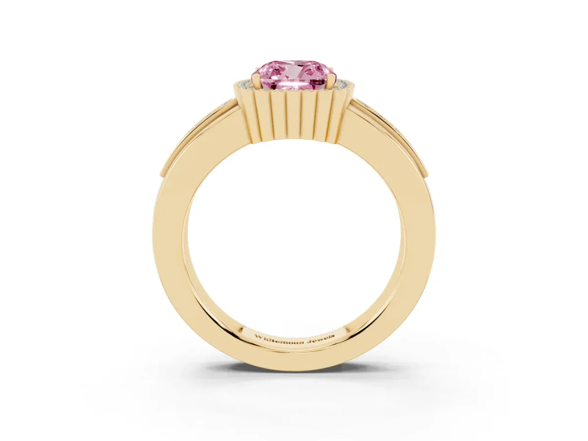 Fancy Pink Cushion Cut Cut Halo Pave Band Four-Prong Ring Yellow gold