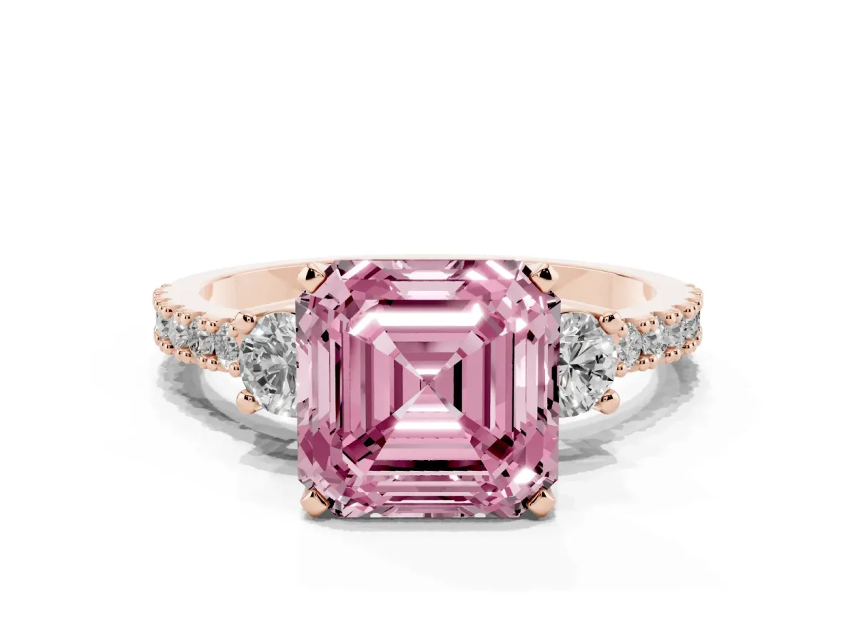 Fancy Pink Asscher Cut Three-Stone Diamond Pavé Band with Prong Setting Rose gold