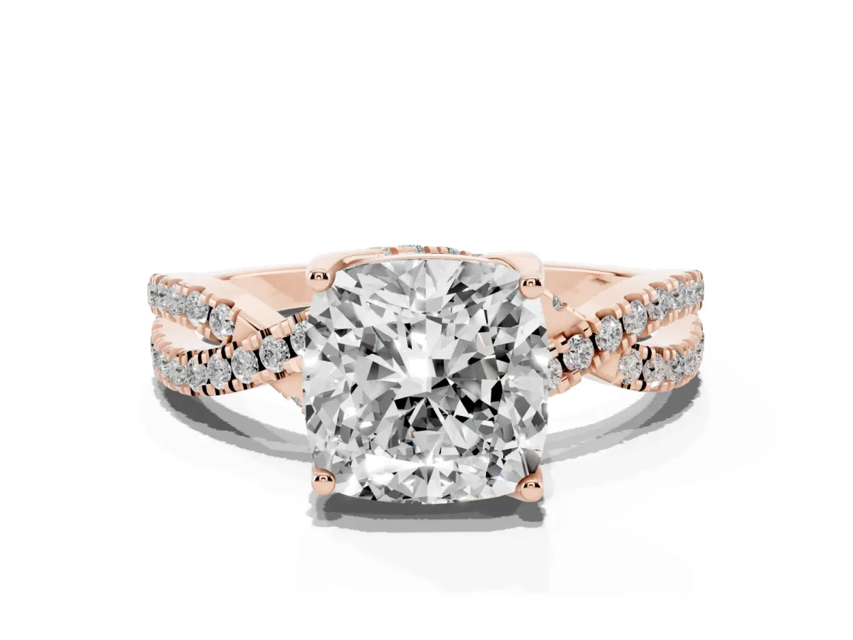 Cushion Cut Solitaire Twist Pave Diamond Engagement Ring with Prong Setting Rose gold