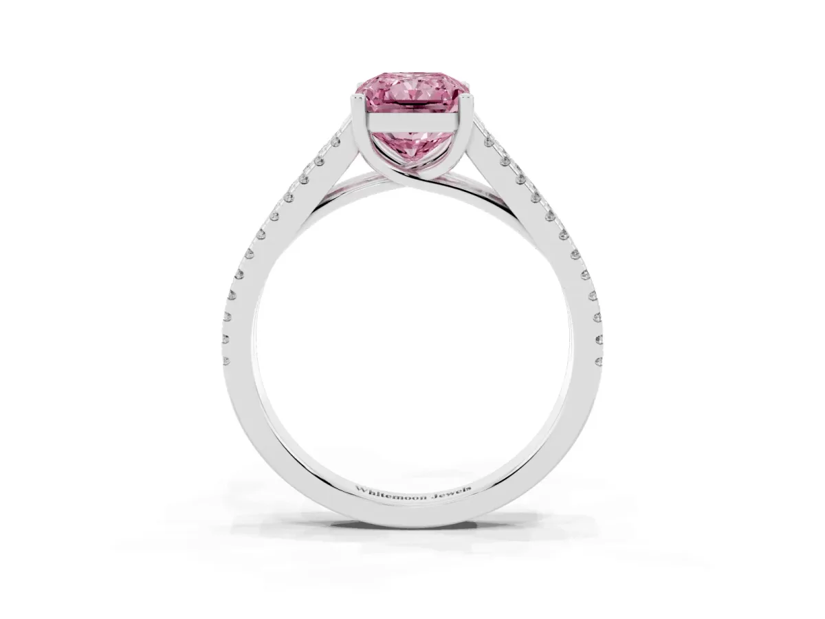 Fancy Pink Radiant Cut Diamond Solitaire Engagement Ring with Split Shank Pavé Band Silver