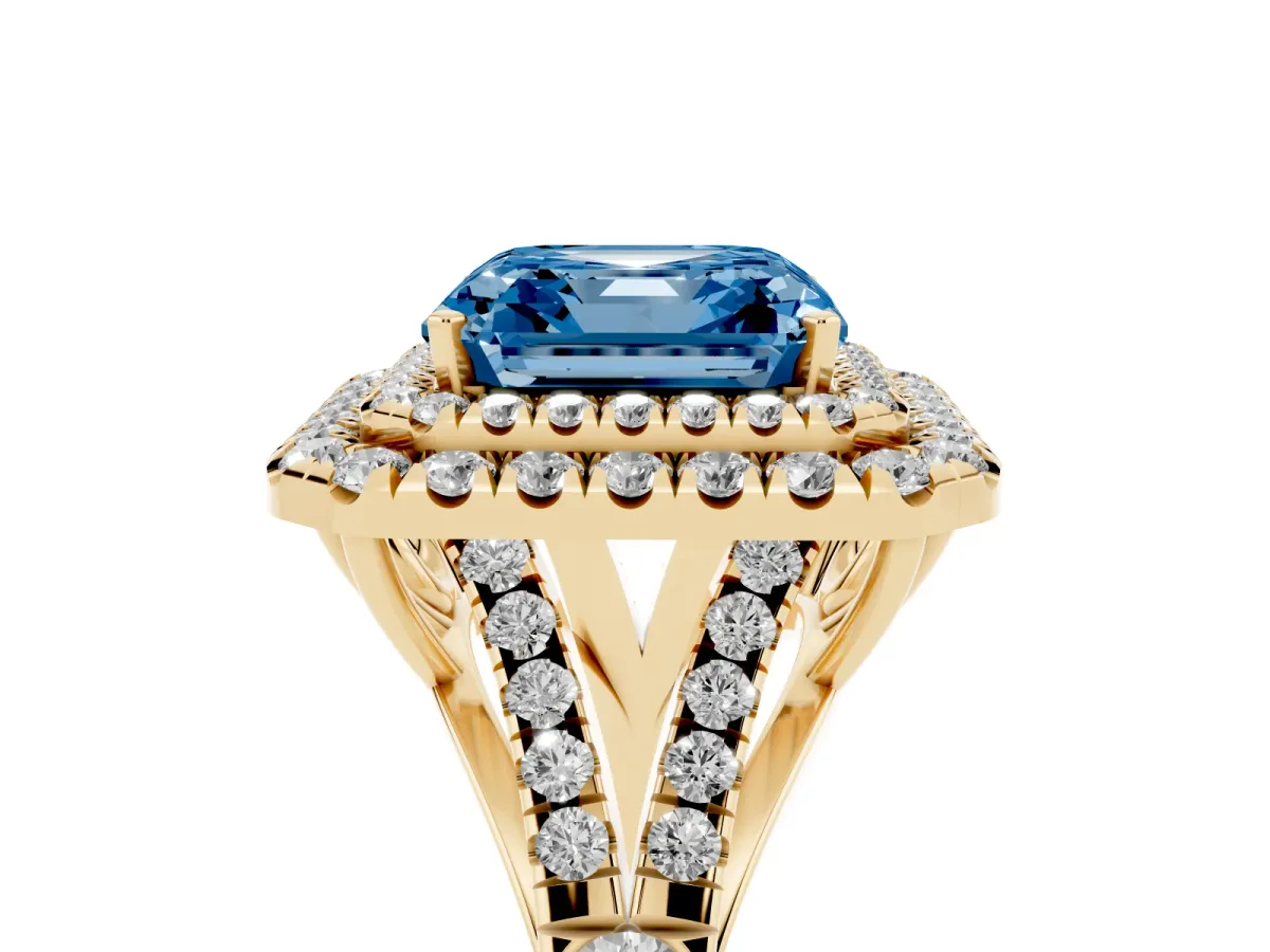 Fancy Blue Asscher Cut Cut Double Halo Split Shank Diamond Ring with Prong Setting Yellow gold