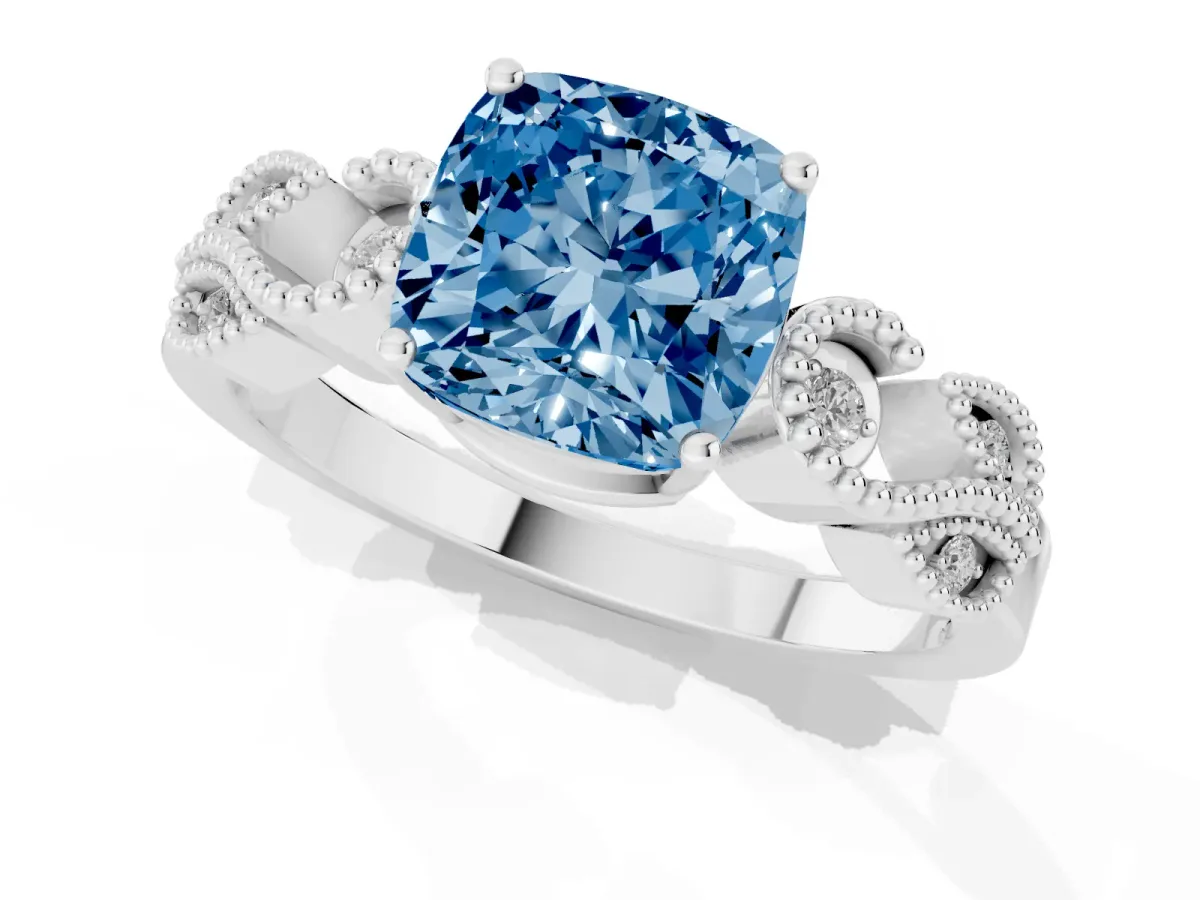 Fancy Blue Cushion Cut Solitaire Milgrain Leaf Band with Prong Setting Silver