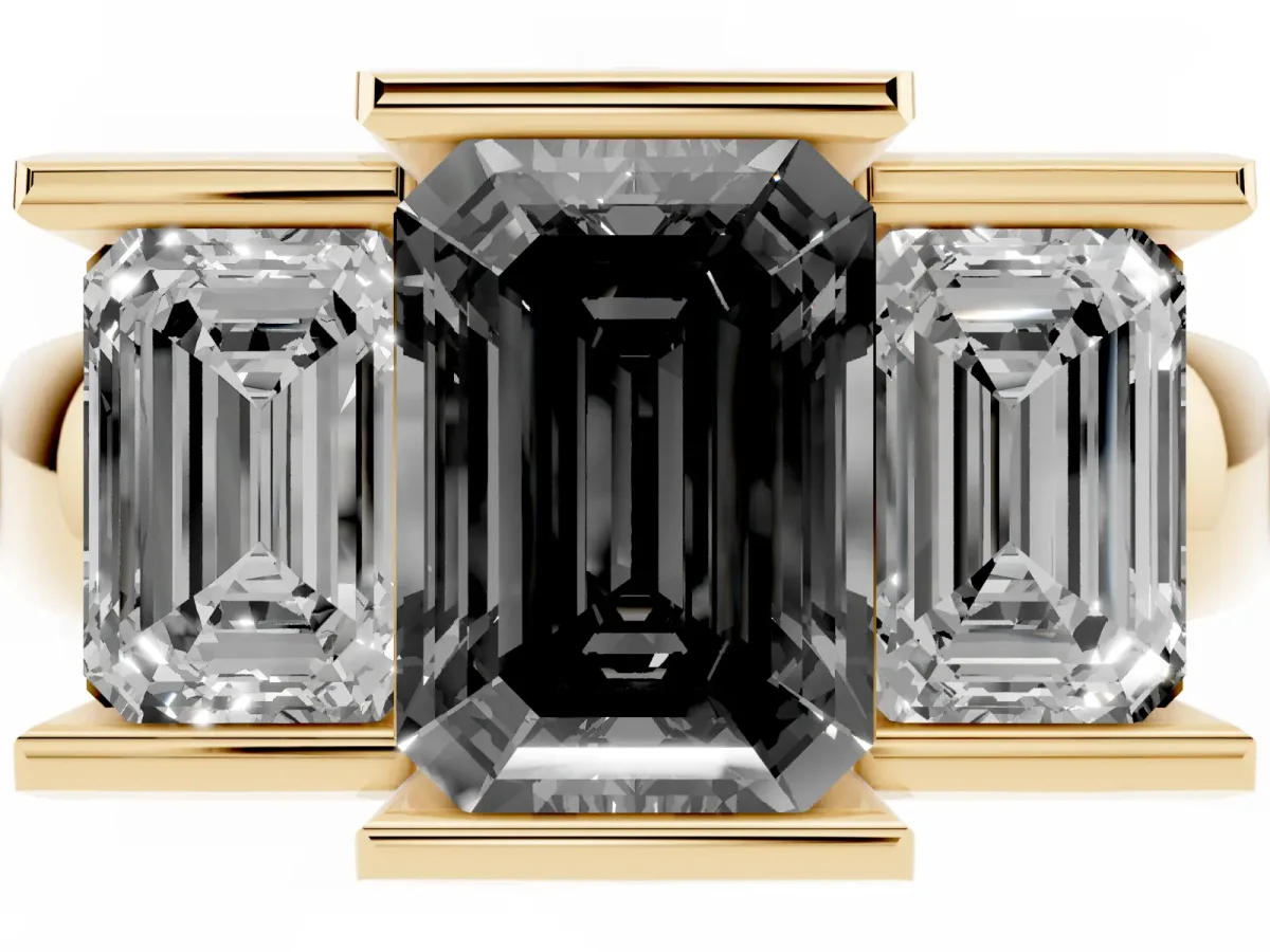 Fancy Black Three Stone Emerald Cut Cut Channel Set Diamond Ring Yellow gold