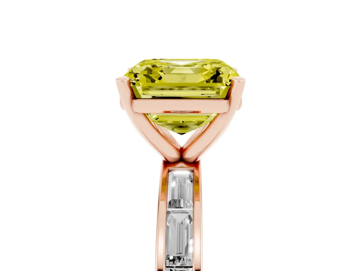 Fancy Yellow Asscher Cut Solitaire Diamond Ring with Channel-Set Baguette Band and Four-Prong Setting Rose gold