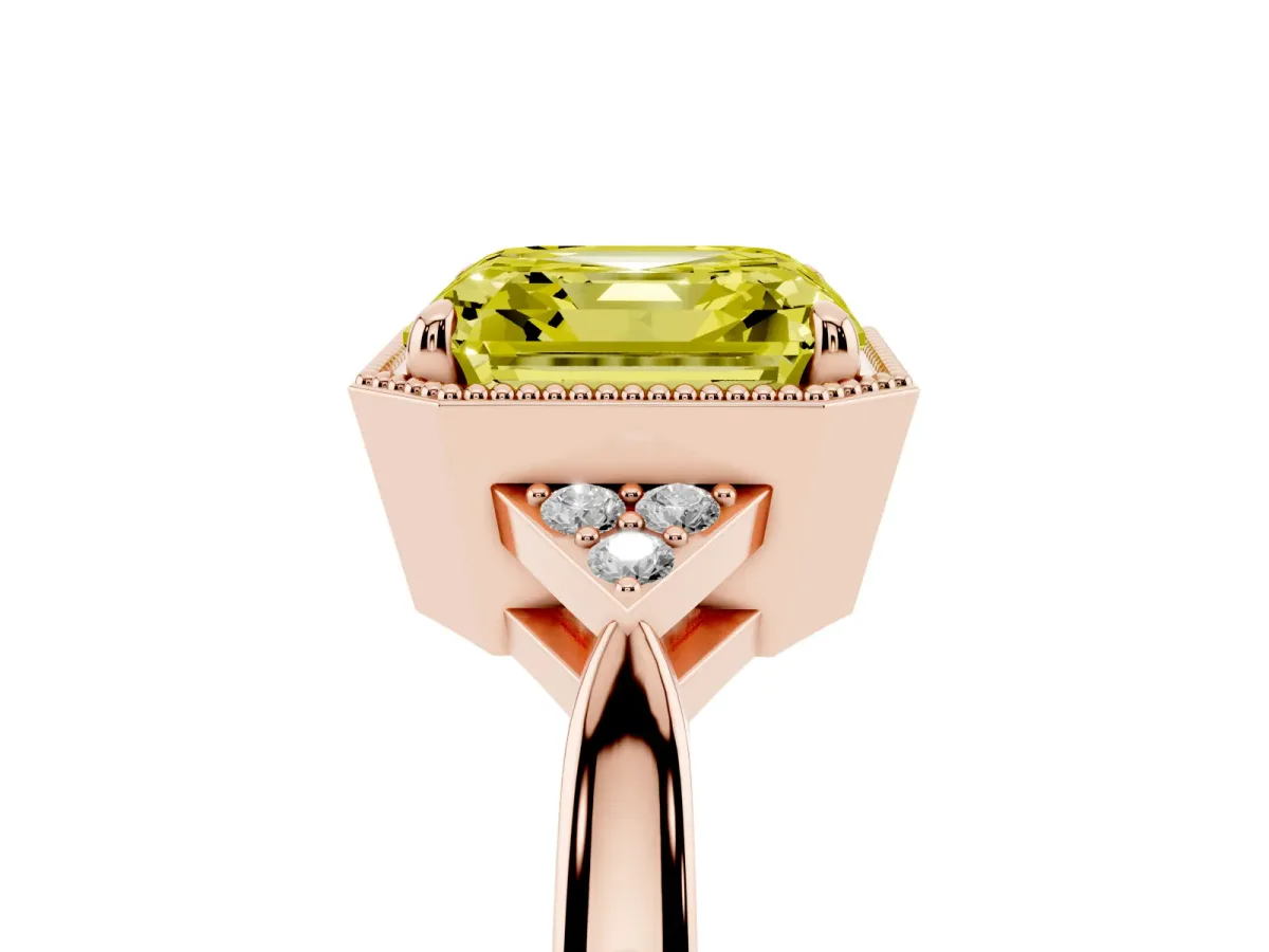 Fancy Yellow Asscher Cut Diamond Halo Ring with Tapered Band and Four-Prong Setting Rose gold