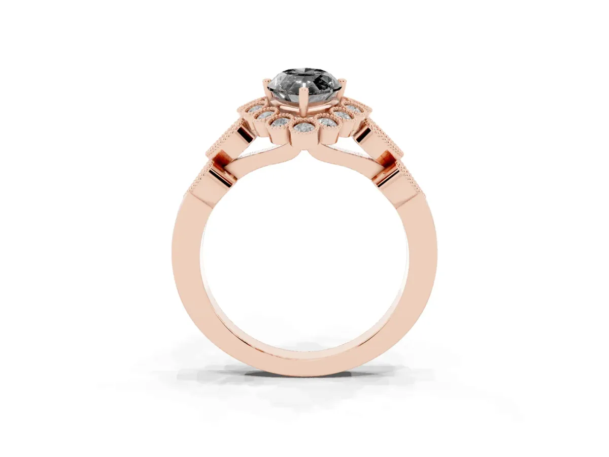 Fancy Black Marquise Cut Brilliant Milgrain Pave Heart Band Solitaire Ring Rose gold
