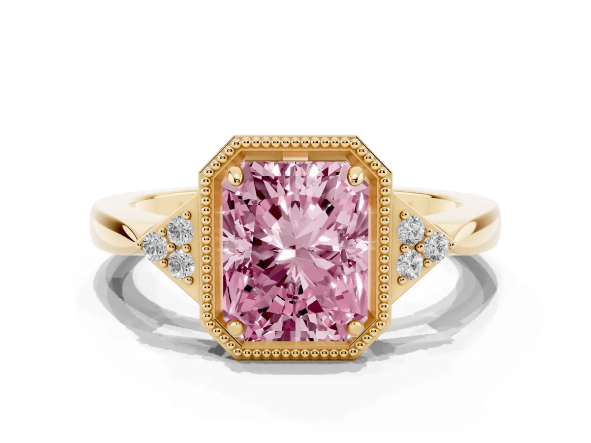 Fancy Pink Radiant Cut Diamond Halo Ring with Tapered Band and Four-Prong Setting Yellow gold
