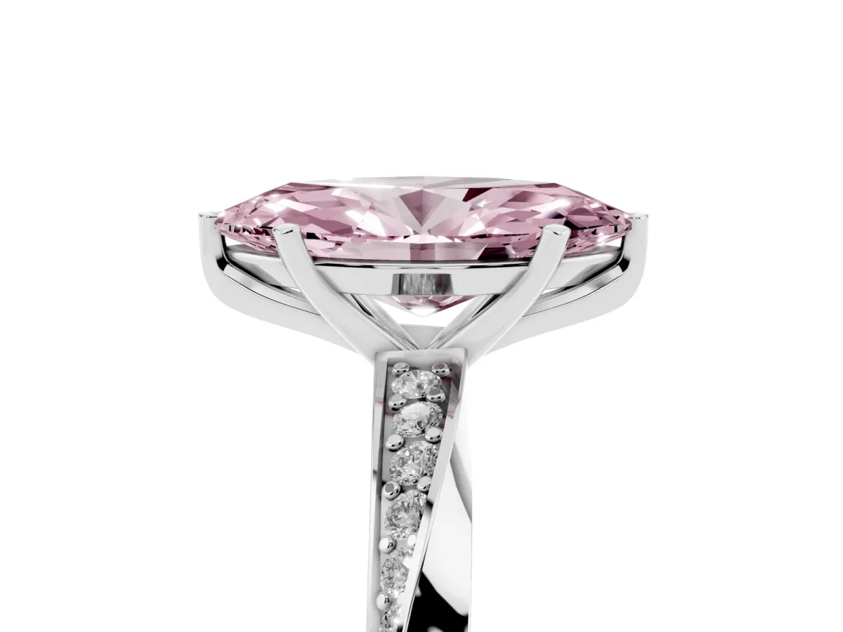 Fancy Pink Marquise Cut Diamond Engagement Ring with Side Stone Accents and Four-Prong Setting Silver