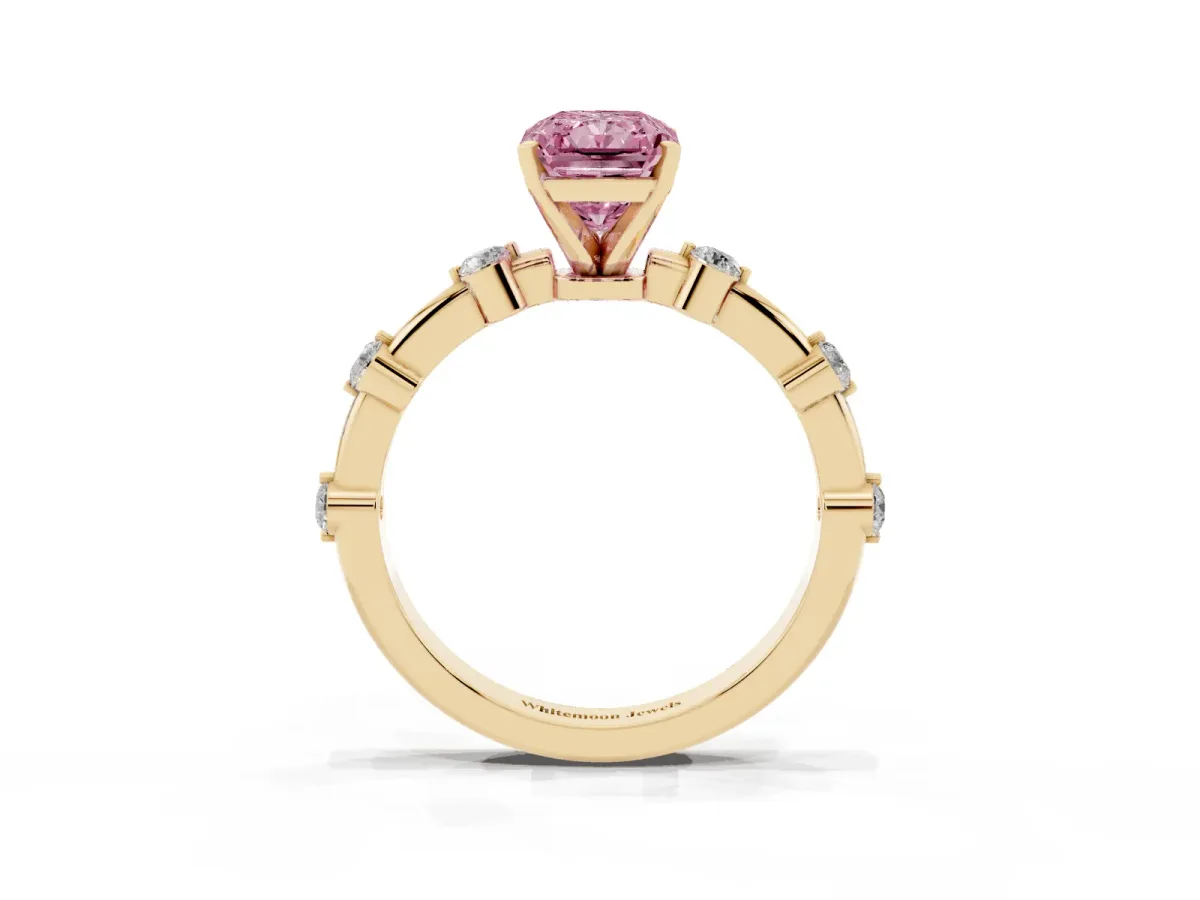 Fancy Pink Radiant Cut Solitaire Diamond Ring with Bezel Set Side Stones and Prong Setting Yellow gold
