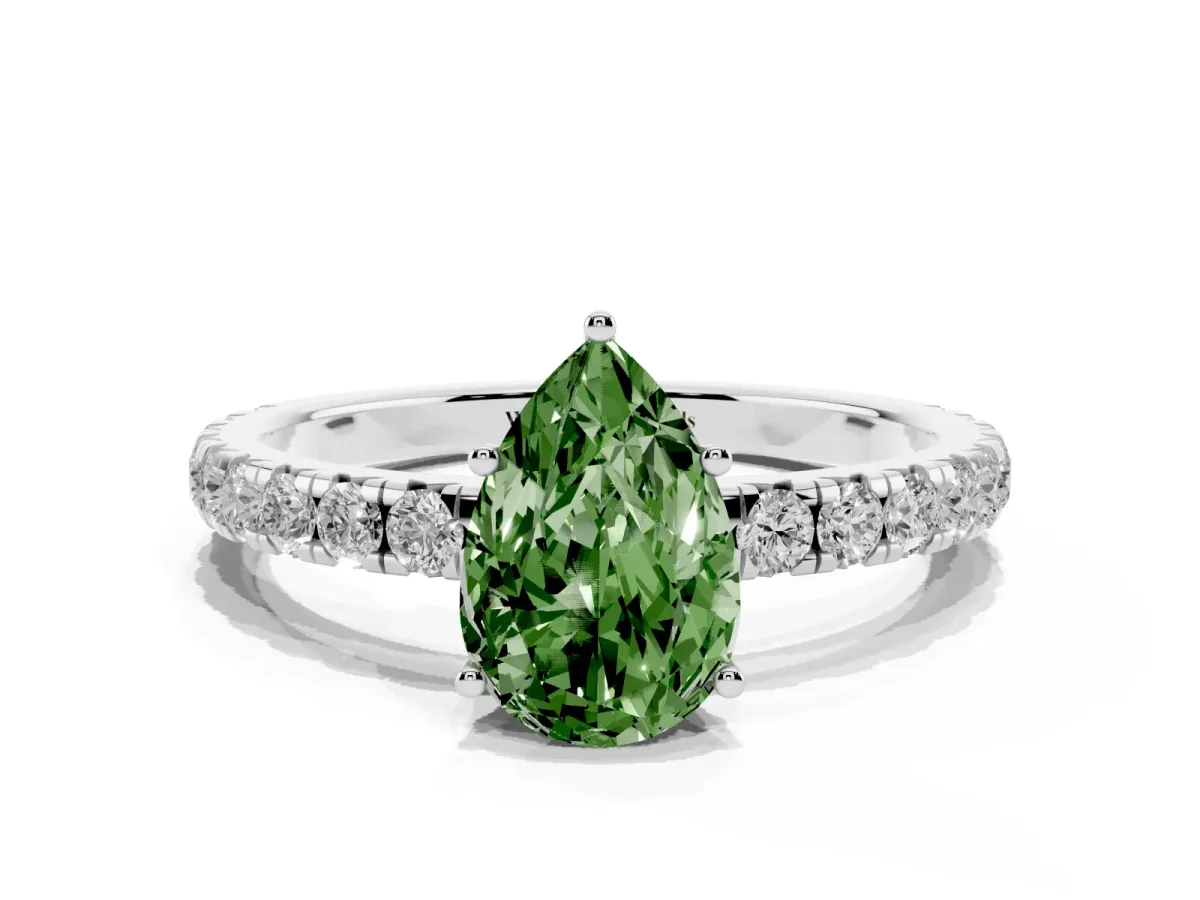 Fancy Green Pear Cut Diamond Pavé Solitaire Engagement Ring with Four-Prong Setting Silver