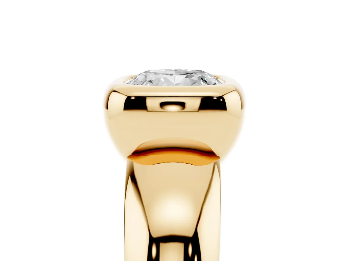 Bezel Set Cushion Cut Solitaire Ring with Wide Band Yellow gold