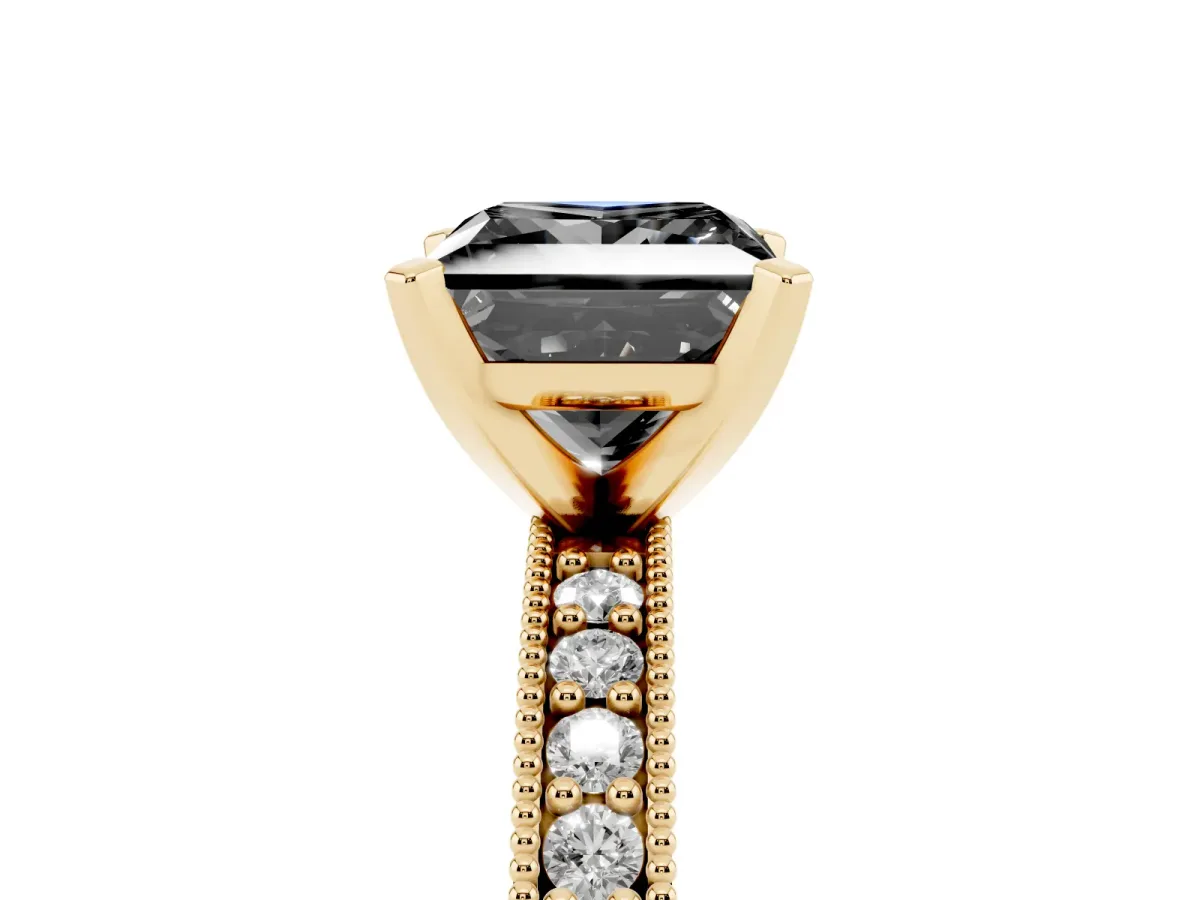 Fancy Black Princess Cut Diamond Milgrain Pavé Engagement Ring with Four-Prong Setting Yellow gold