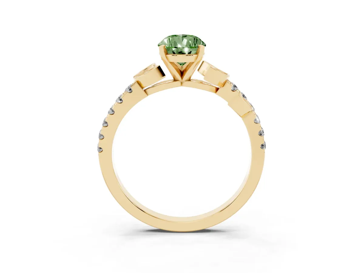 Fancy Green Pear Cut Solitaire Leaf-Inspired Diamond Ring with Pavé Band and Four-Prong Setting Yellow gold