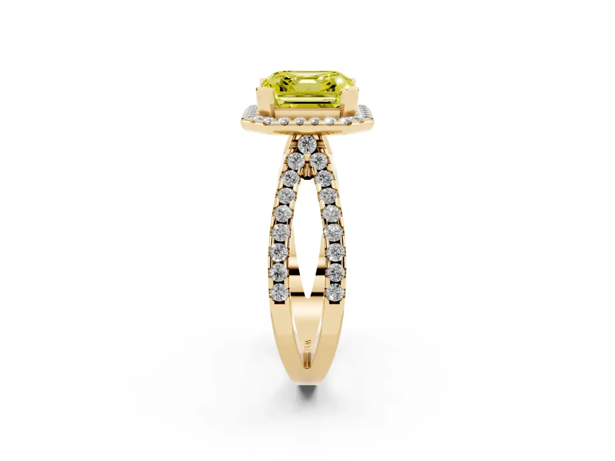 Fancy Yellow Asscher Cut Diamond Halo Ring with Split Shank Pavé Band and Prong Setting Yellow gold