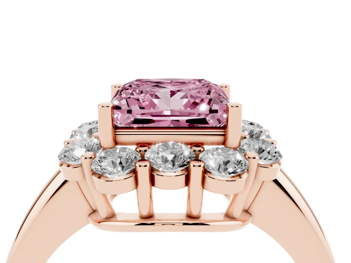 Fancy Pink Princess Cut Halo Milgrain Solitaire with Bezel Set Side Stones and Pave Band Rose gold