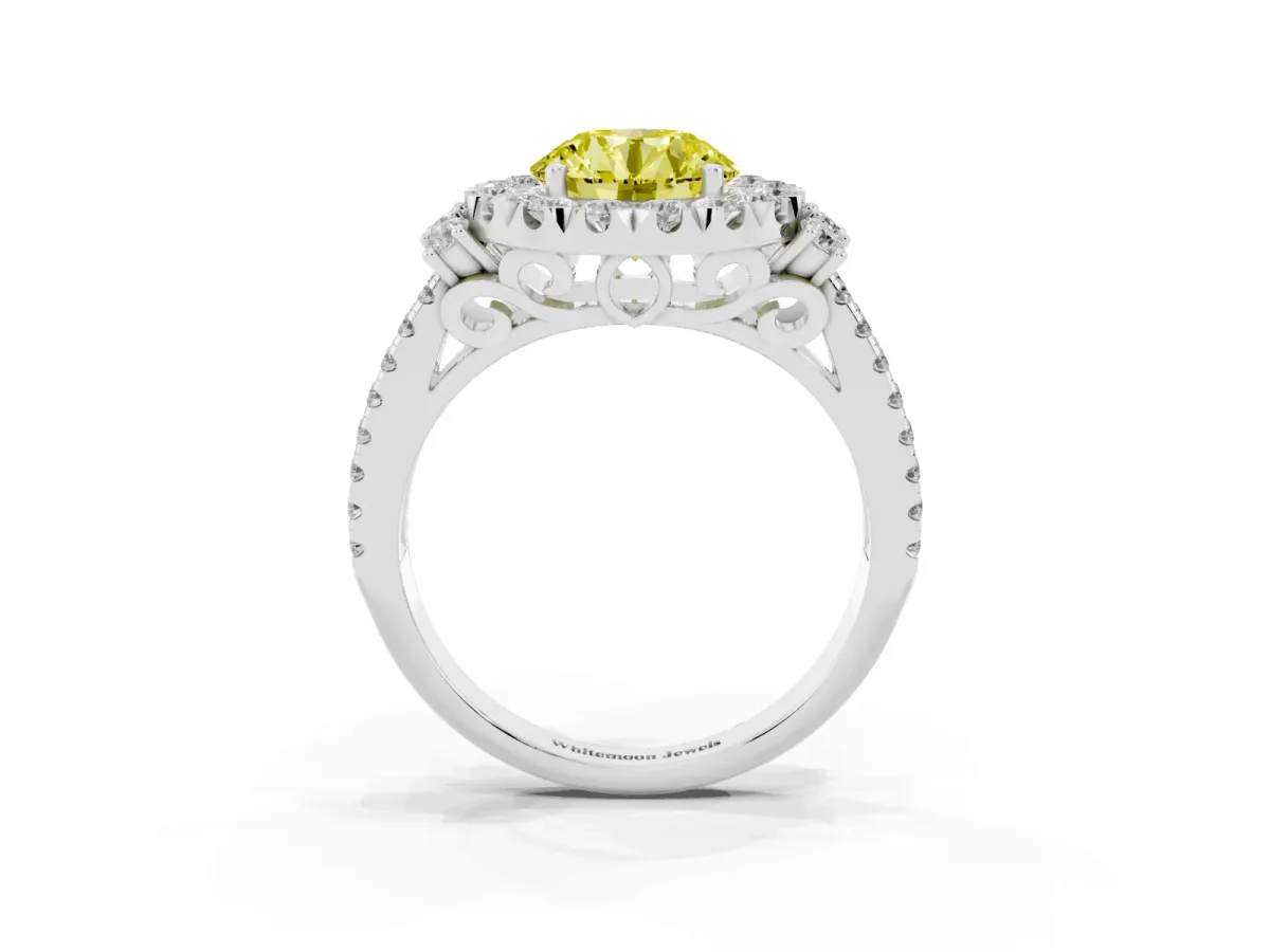 Fancy Yellow Round Cut Cut Double Halo Diamond Engagement Ring with Pave Band and Four-Prong Setting Platinum