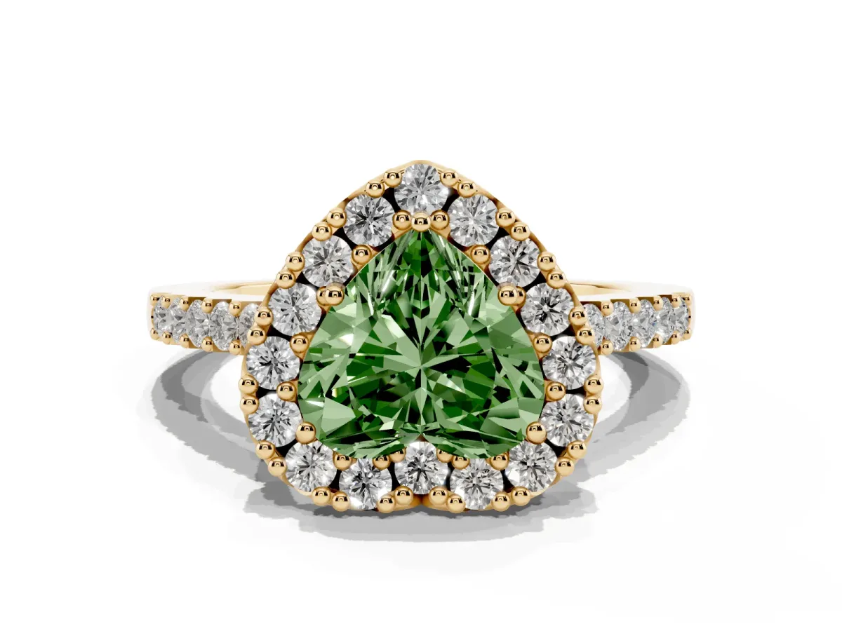 Fancy Green Heart Cut Halo Diamond Pavé Solitaire Ring Yellow gold