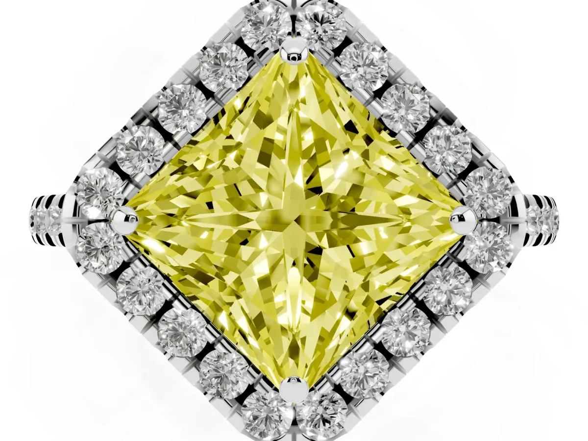 Fancy Yellow Princess Cut Diamond Cushion Halo Ring with Pavé Band White gold